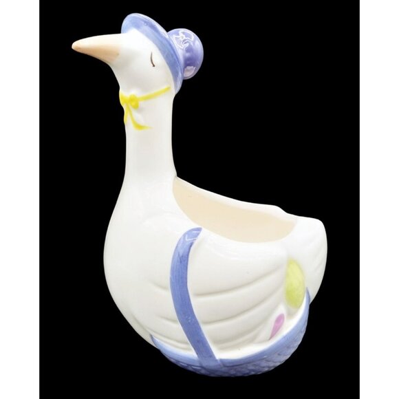 FTDA Ceramic Goose Planter Blue Hat & Yellow Bow Vintage 1986 ROC 7.25 Inches - Picture 1 of 16